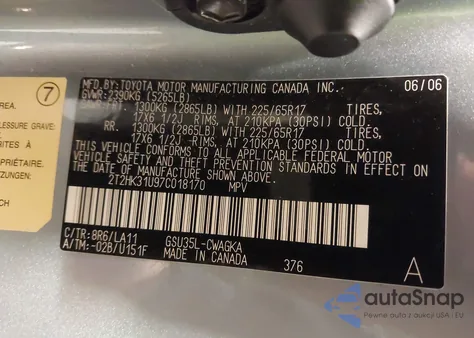 2007 Lexus Rx 350 from USA, damaged, VIN 2T2HK31U97C018170